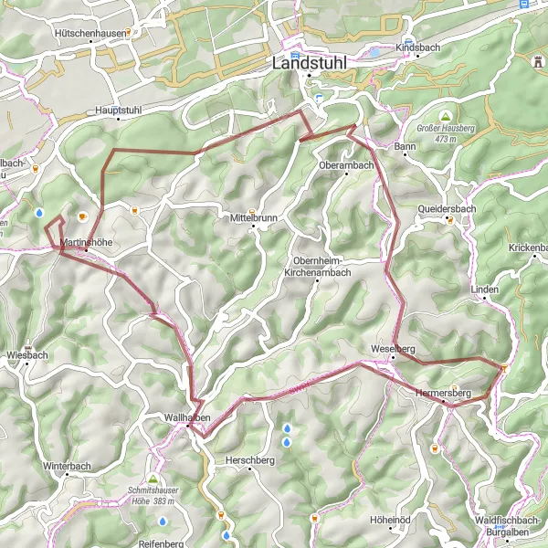 Map miniature of "Hermersberg - Weselberger Höhe - Hauptstuhl - Hörnchenberg - Weselberg" cycling inspiration in Rheinhessen-Pfalz, Germany. Generated by Tarmacs.app cycling route planner