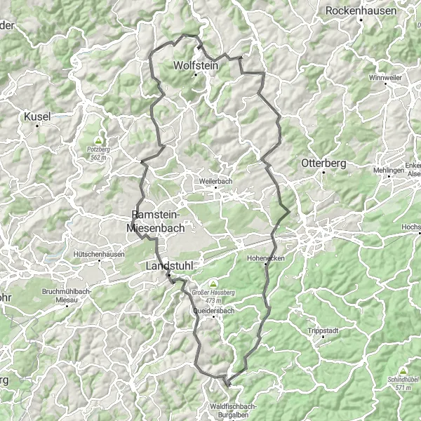 Map miniature of "The Hermersberg Loop" cycling inspiration in Rheinhessen-Pfalz, Germany. Generated by Tarmacs.app cycling route planner