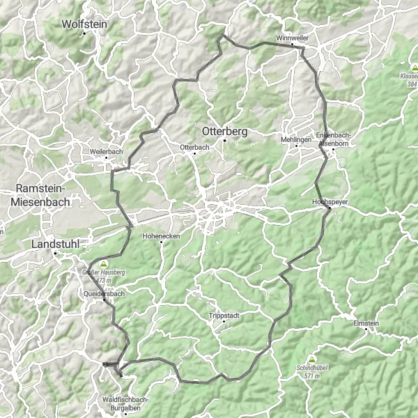 Map miniature of "The Queidersbach Challenge" cycling inspiration in Rheinhessen-Pfalz, Germany. Generated by Tarmacs.app cycling route planner