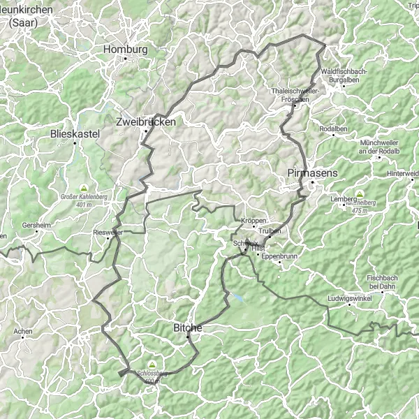 Map miniature of "The Majestic Ride" cycling inspiration in Rheinhessen-Pfalz, Germany. Generated by Tarmacs.app cycling route planner