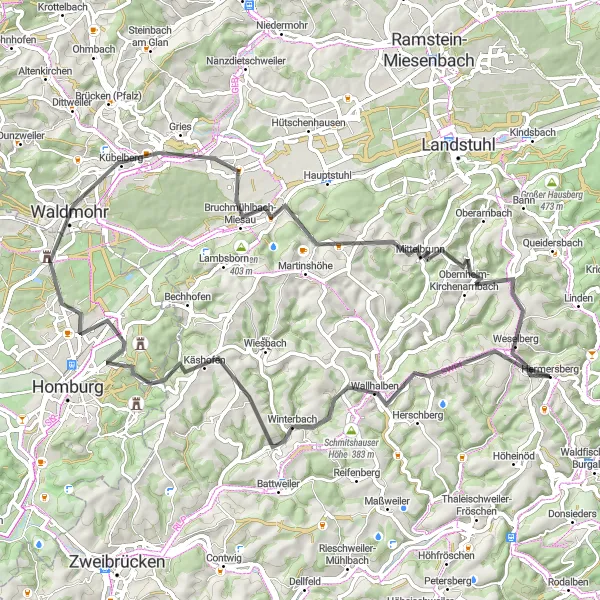 Map miniature of "Rheinhessen-Pfalz Scenic Road Route" cycling inspiration in Rheinhessen-Pfalz, Germany. Generated by Tarmacs.app cycling route planner