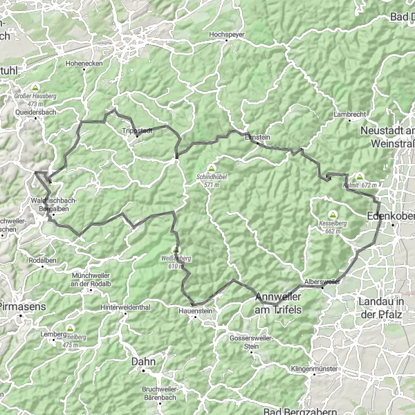 Map miniature of "Rübenberg - Schopp - Trippstadt - Niederer Oselkopf - Schafkopf - Sankt Martin - Annweiler am Trifels - Kleiner Adelberg - Wilgartswiesen - Taubenkropf - PLATTE - Waldfischbach-Burgalben" cycling inspiration in Rheinhessen-Pfalz, Germany. Generated by Tarmacs.app cycling route planner