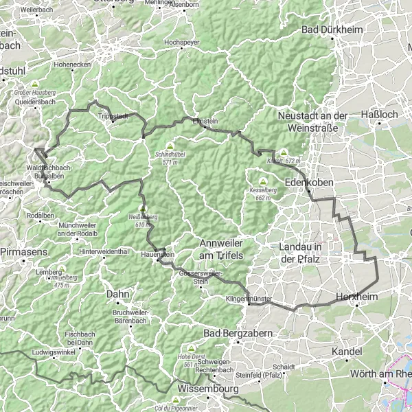Map miniature of "The Robin Hood Tour" cycling inspiration in Rheinhessen-Pfalz, Germany. Generated by Tarmacs.app cycling route planner