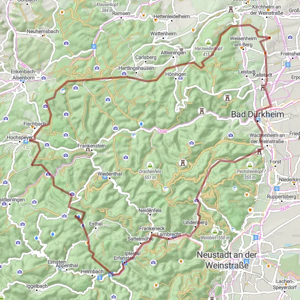 Map miniature of "Wine Route and Forest Adventure" cycling inspiration in Rheinhessen-Pfalz, Germany. Generated by Tarmacs.app cycling route planner