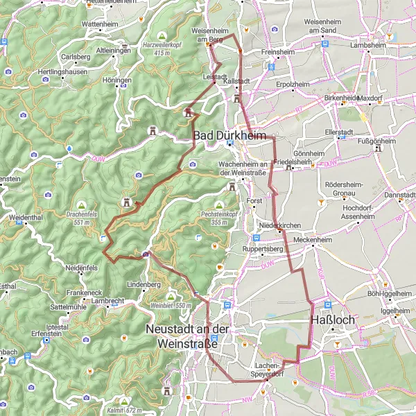 Map miniature of "Scenic Gravel Tour" cycling inspiration in Rheinhessen-Pfalz, Germany. Generated by Tarmacs.app cycling route planner