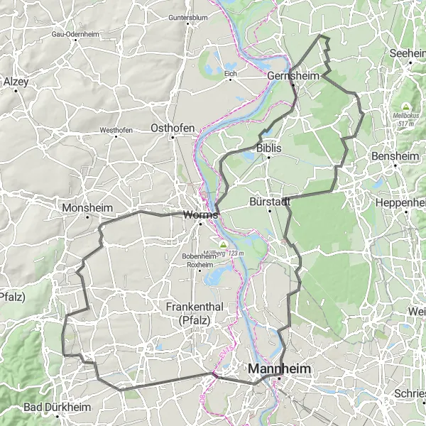 Map miniature of "Rheins-Neckar Road Cycling Challenge" cycling inspiration in Rheinhessen-Pfalz, Germany. Generated by Tarmacs.app cycling route planner