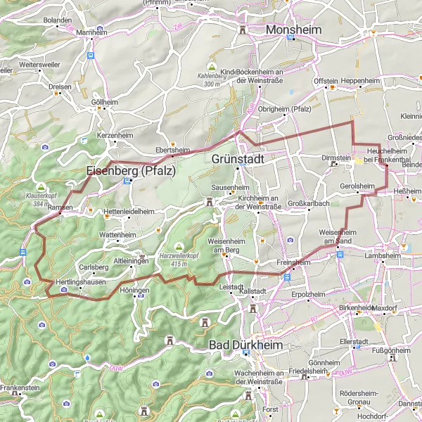 Map miniature of "Gravel Adventure through Rheinhessen-Pfalz" cycling inspiration in Rheinhessen-Pfalz, Germany. Generated by Tarmacs.app cycling route planner