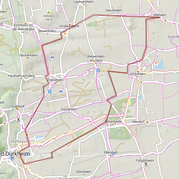 Map miniature of "Scenic Gravel Cycling Route from Heßheim" cycling inspiration in Rheinhessen-Pfalz, Germany. Generated by Tarmacs.app cycling route planner