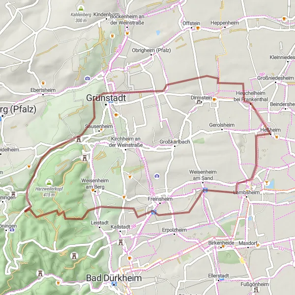 Map miniature of "Gravel Cycling Adventure in Rheinhessen-Pfalz" cycling inspiration in Rheinhessen-Pfalz, Germany. Generated by Tarmacs.app cycling route planner