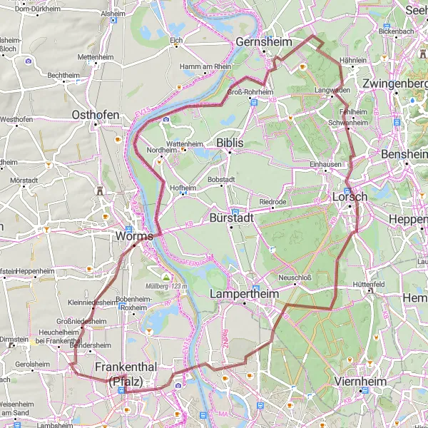 Map miniature of "Gravel Route 1" cycling inspiration in Rheinhessen-Pfalz, Germany. Generated by Tarmacs.app cycling route planner