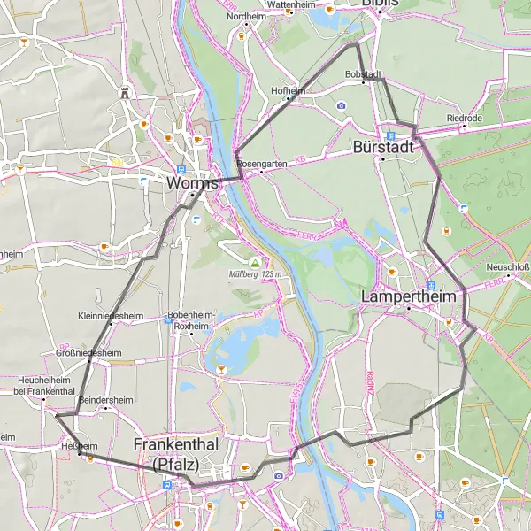 Map miniature of "Leisurely Road Cycling Tour near Rheinhessen-Pfalz" cycling inspiration in Rheinhessen-Pfalz, Germany. Generated by Tarmacs.app cycling route planner