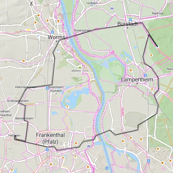 Map miniature of "Road Route 3" cycling inspiration in Rheinhessen-Pfalz, Germany. Generated by Tarmacs.app cycling route planner