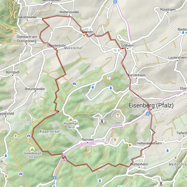 Map miniature of "The Wattenheim Salweidenkopf Loop" cycling inspiration in Rheinhessen-Pfalz, Germany. Generated by Tarmacs.app cycling route planner