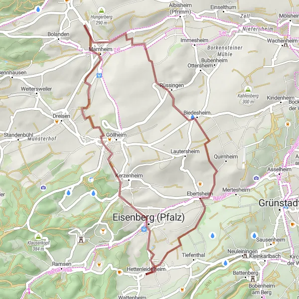 Map miniature of "The Marnheim Loop" cycling inspiration in Rheinhessen-Pfalz, Germany. Generated by Tarmacs.app cycling route planner