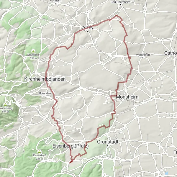 Map miniature of "The Klosterstollen Challenge" cycling inspiration in Rheinhessen-Pfalz, Germany. Generated by Tarmacs.app cycling route planner