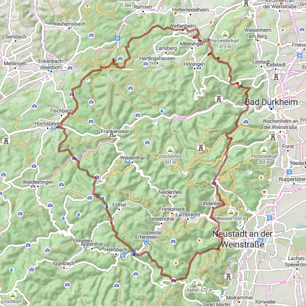 Karten-Miniaturansicht der Radinspiration "Entdecken Sie die Vielfalt des Pfälzer Berglandes" in Rheinhessen-Pfalz, Germany. Erstellt vom Tarmacs.app-Routenplaner für Radtouren