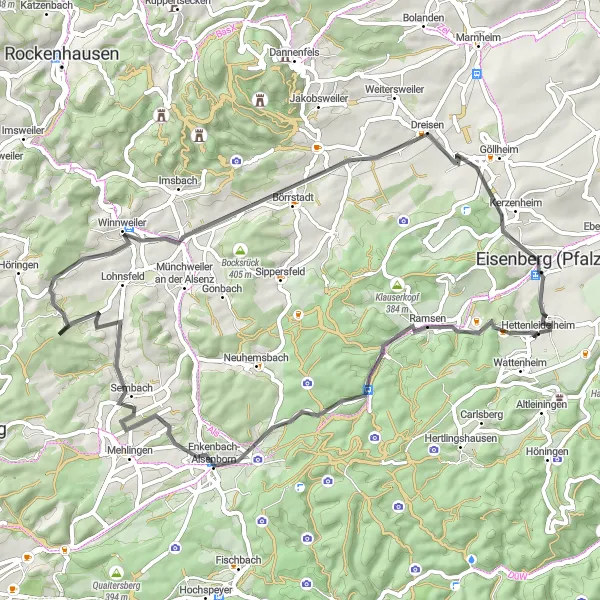 Map miniature of "Rural Roads and Historical Monuments" cycling inspiration in Rheinhessen-Pfalz, Germany. Generated by Tarmacs.app cycling route planner