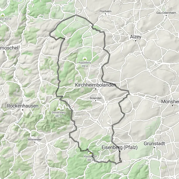 Map miniature of "Climb to the Peaks and Marvel at the Views" cycling inspiration in Rheinhessen-Pfalz, Germany. Generated by Tarmacs.app cycling route planner