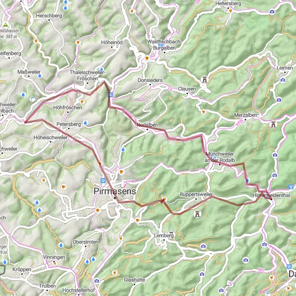 Map miniature of "Hinterweidenthal Gravel Adventure II" cycling inspiration in Rheinhessen-Pfalz, Germany. Generated by Tarmacs.app cycling route planner