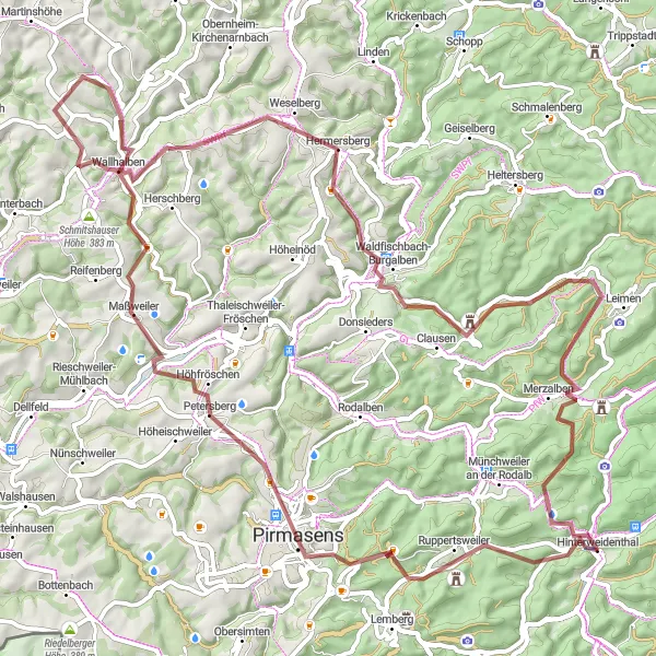 Karten-Miniaturansicht der Radinspiration "Hinterweidenthal - Teufelstisch - Pirmasens - Maßweiler - Mühlkopf - Wallhalben - Weselberger Höhe - PLATTE - Merzalben - Großer Schieß - Hinterweidenthal" in Rheinhessen-Pfalz, Germany. Erstellt vom Tarmacs.app-Routenplaner für Radtouren