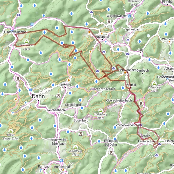 Map miniature of "Explore the Wilderness" cycling inspiration in Rheinhessen-Pfalz, Germany. Generated by Tarmacs.app cycling route planner