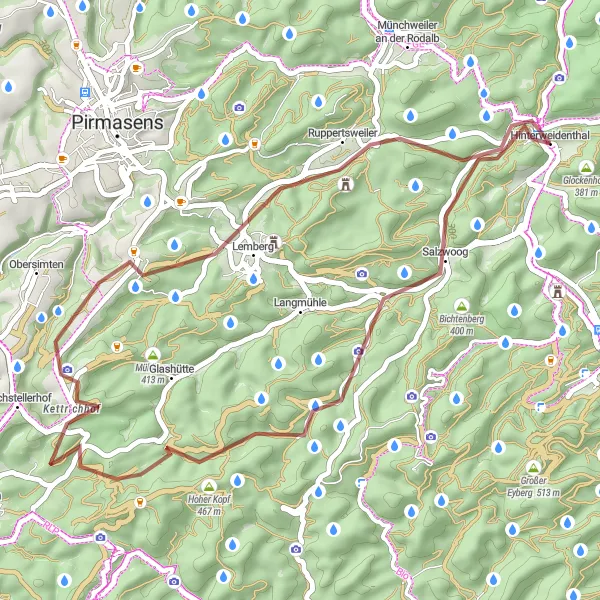 Karten-Miniaturansicht der Radinspiration "Hinterweidenthal - Teufelstisch - Salzwoog - Hoher Kopf - Kettrichhof - Schnepfenberg - Hinterweidenthal" in Rheinhessen-Pfalz, Germany. Erstellt vom Tarmacs.app-Routenplaner für Radtouren