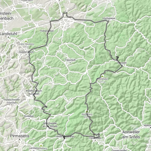 Map miniature of "Hinterweidenthal - Wackenkopf Loop" cycling inspiration in Rheinhessen-Pfalz, Germany. Generated by Tarmacs.app cycling route planner