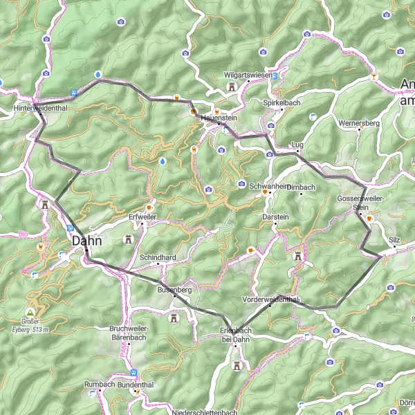 Map miniature of "Rheinhessen-Pfalz Road Adventure" cycling inspiration in Rheinhessen-Pfalz, Germany. Generated by Tarmacs.app cycling route planner