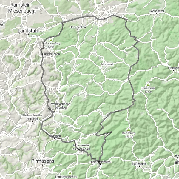 Karten-Miniaturansicht der Radinspiration "Hinterweidenthal - Münchweiler an der Rodalb - Imsbacher Eck - Streitkopf - Weselberg - Bann - Großer Hausberg - Kaiserslautern - Hüttenkopf - Johanniskreuz - Badischköpfchen - Handschuh-Kopf - Hinterweidenthal" in Rheinhessen-Pfalz, Germany. Erstellt vom Tarmacs.app-Routenplaner für Radtouren