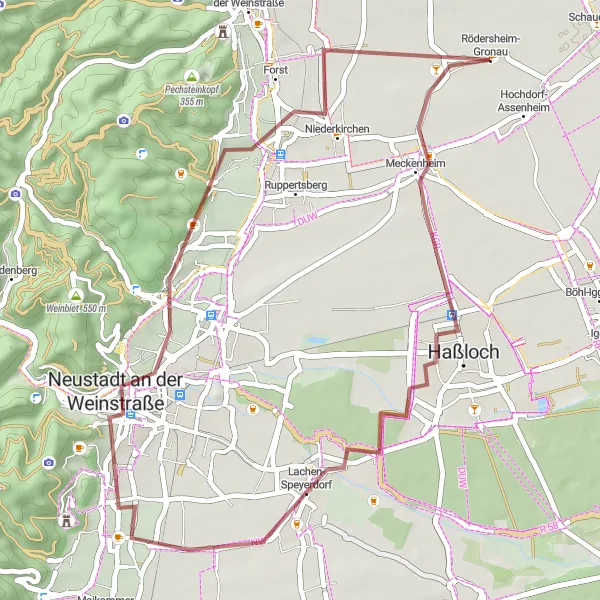 Map miniature of "Meckenheim Gravel Ride" cycling inspiration in Rheinhessen-Pfalz, Germany. Generated by Tarmacs.app cycling route planner