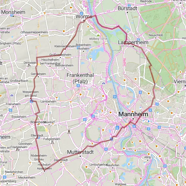 Map miniature of "Hidden Gems" cycling inspiration in Rheinhessen-Pfalz, Germany. Generated by Tarmacs.app cycling route planner