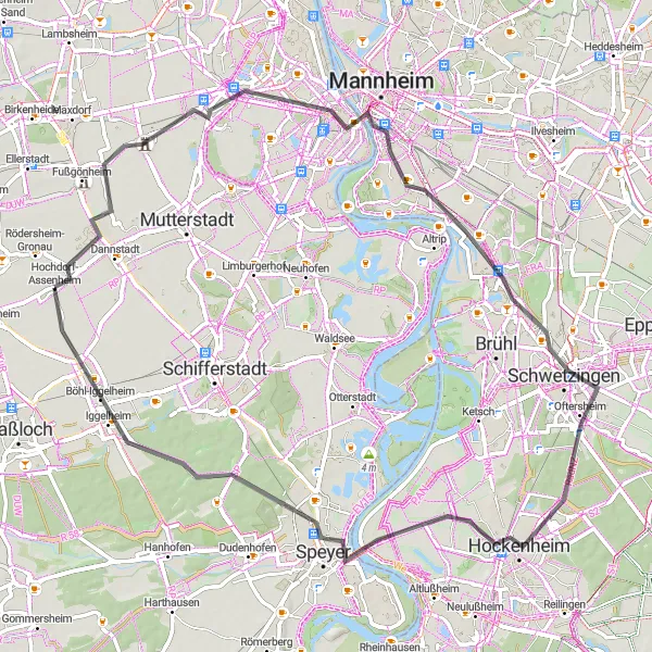 Map miniature of "Hochdorf-Assenheim Classic Ride" cycling inspiration in Rheinhessen-Pfalz, Germany. Generated by Tarmacs.app cycling route planner