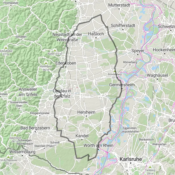 Karten-Miniaturansicht der Radinspiration "Ausgedehnte Radtour durch die Pfalz" in Rheinhessen-Pfalz, Germany. Erstellt vom Tarmacs.app-Routenplaner für Radtouren