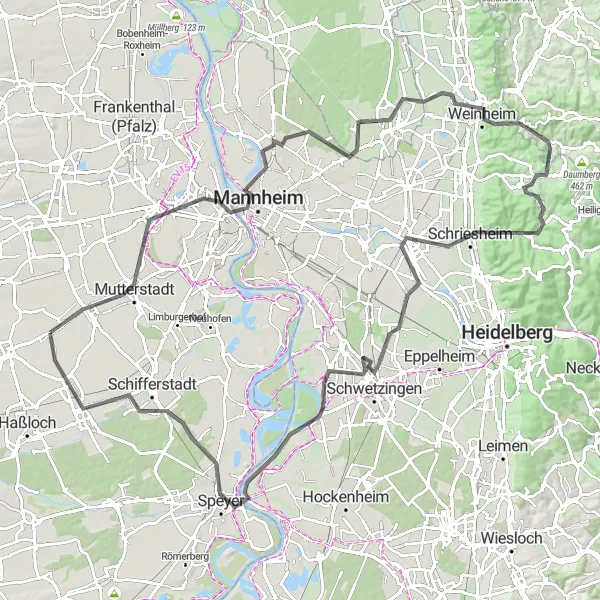 Map miniature of "Rhein-Hessische Loop" cycling inspiration in Rheinhessen-Pfalz, Germany. Generated by Tarmacs.app cycling route planner