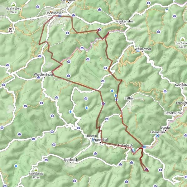 Map miniature of "Hochspeyer - Burg Breitenstein Gravel Adventure" cycling inspiration in Rheinhessen-Pfalz, Germany. Generated by Tarmacs.app cycling route planner