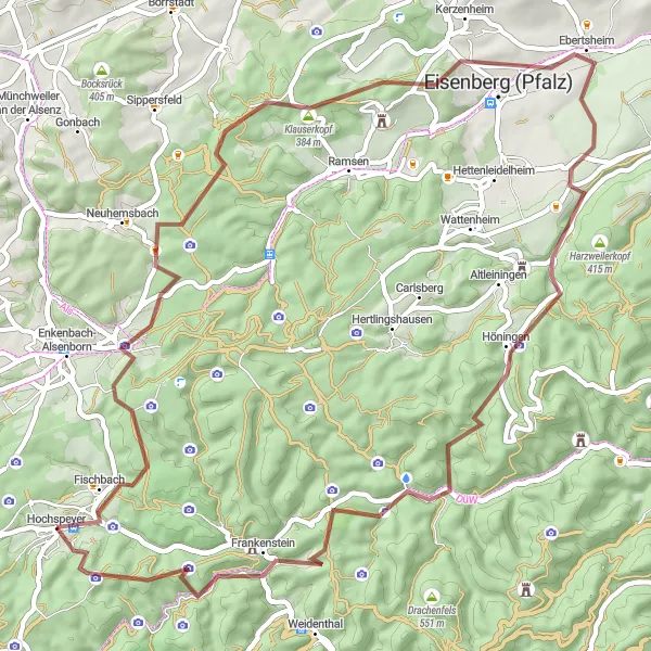 Map miniature of "Fischbach Gravel Adventure" cycling inspiration in Rheinhessen-Pfalz, Germany. Generated by Tarmacs.app cycling route planner