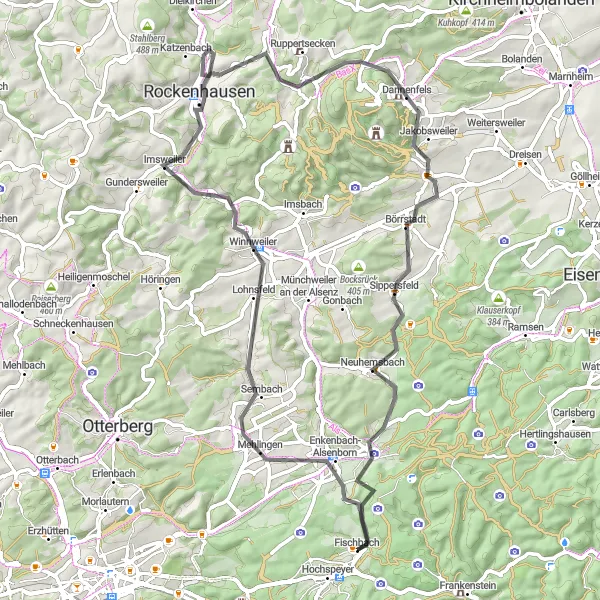 Map miniature of "Enkenbach-Alsenborn Loop" cycling inspiration in Rheinhessen-Pfalz, Germany. Generated by Tarmacs.app cycling route planner