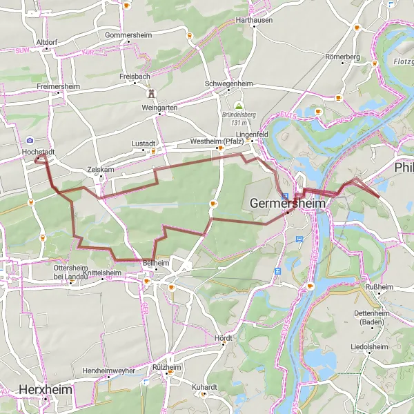 Map miniature of "Scenic Gravel Tour of Rheinhessen-Pfalz" cycling inspiration in Rheinhessen-Pfalz, Germany. Generated by Tarmacs.app cycling route planner