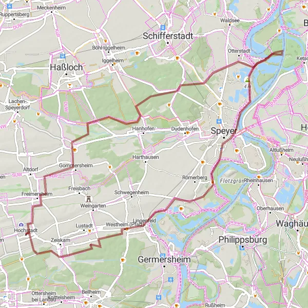 Map miniature of "Gravel Adventure from Hochstadt to Zeiskam" cycling inspiration in Rheinhessen-Pfalz, Germany. Generated by Tarmacs.app cycling route planner