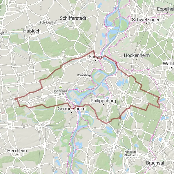 Map miniature of "Epic Gravel Adventure: From Hochstadt to Germersheim" cycling inspiration in Rheinhessen-Pfalz, Germany. Generated by Tarmacs.app cycling route planner