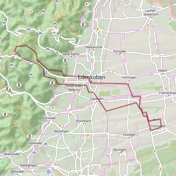 Map miniature of "Thrilling Gravel Adventure in Rheinhessen-Pfalz" cycling inspiration in Rheinhessen-Pfalz, Germany. Generated by Tarmacs.app cycling route planner