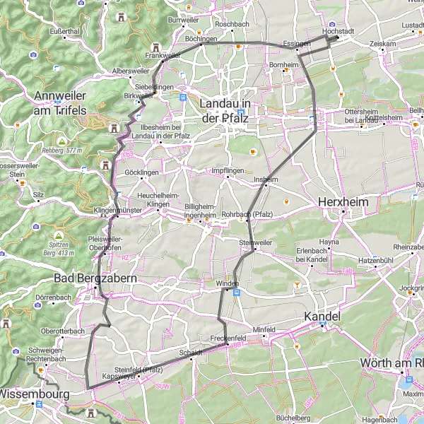 Map miniature of "Ultimate Road Cycling Loop in Rheinhessen-Pfalz" cycling inspiration in Rheinhessen-Pfalz, Germany. Generated by Tarmacs.app cycling route planner
