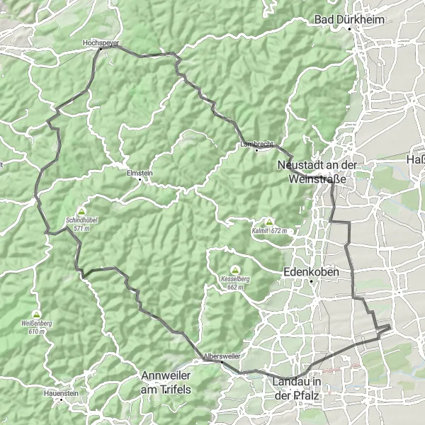 Karten-Miniaturansicht der Radinspiration "Weinberge und Wälder entdecken" in Rheinhessen-Pfalz, Germany. Erstellt vom Tarmacs.app-Routenplaner für Radtouren