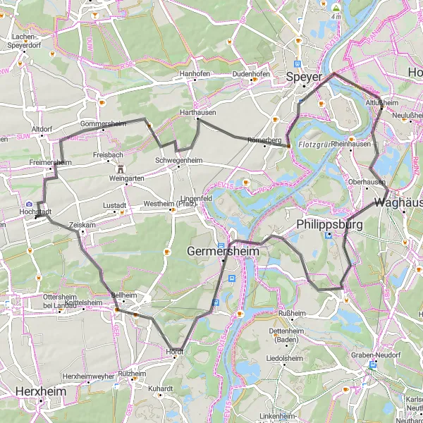 Map miniature of "Rheinhessen-Pfalz Road Cycling Loop" cycling inspiration in Rheinhessen-Pfalz, Germany. Generated by Tarmacs.app cycling route planner