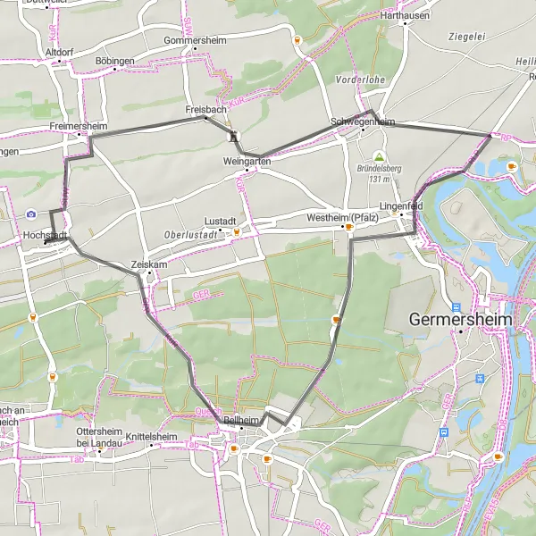 Map miniature of "Hochstadt Winzerturm Route" cycling inspiration in Rheinhessen-Pfalz, Germany. Generated by Tarmacs.app cycling route planner