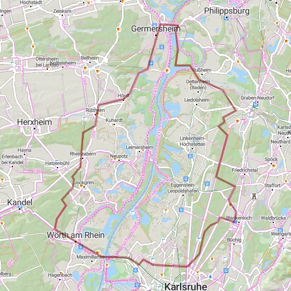 Map miniature of "The Rhinebalkon Gravel Challenge" cycling inspiration in Rheinhessen-Pfalz, Germany. Generated by Tarmacs.app cycling route planner