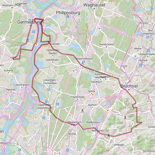 Map miniature of "Scenic Gravel Ride through Bruchsal and beyond" cycling inspiration in Rheinhessen-Pfalz, Germany. Generated by Tarmacs.app cycling route planner