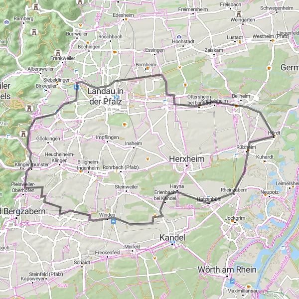 Map miniature of "The Rheinzabern Loop" cycling inspiration in Rheinhessen-Pfalz, Germany. Generated by Tarmacs.app cycling route planner