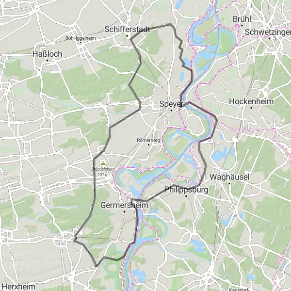 Map miniature of "The Palatine Adventure" cycling inspiration in Rheinhessen-Pfalz, Germany. Generated by Tarmacs.app cycling route planner