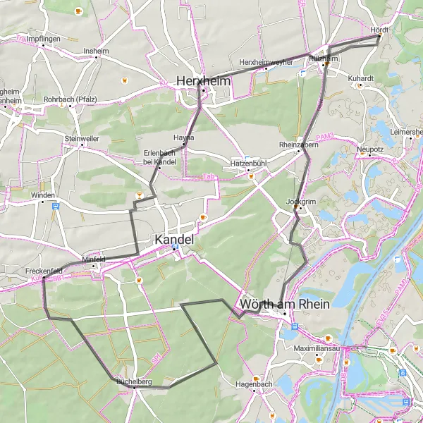 Map miniature of "The Wörth Adventure" cycling inspiration in Rheinhessen-Pfalz, Germany. Generated by Tarmacs.app cycling route planner